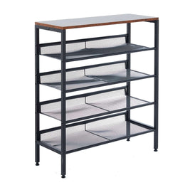 5 tier industrial shoe rack with black steel frame, four mesh shelves and a rustic wood look top