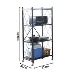 foldable 4-tier storage trolley showing compact rolling metal shelf design