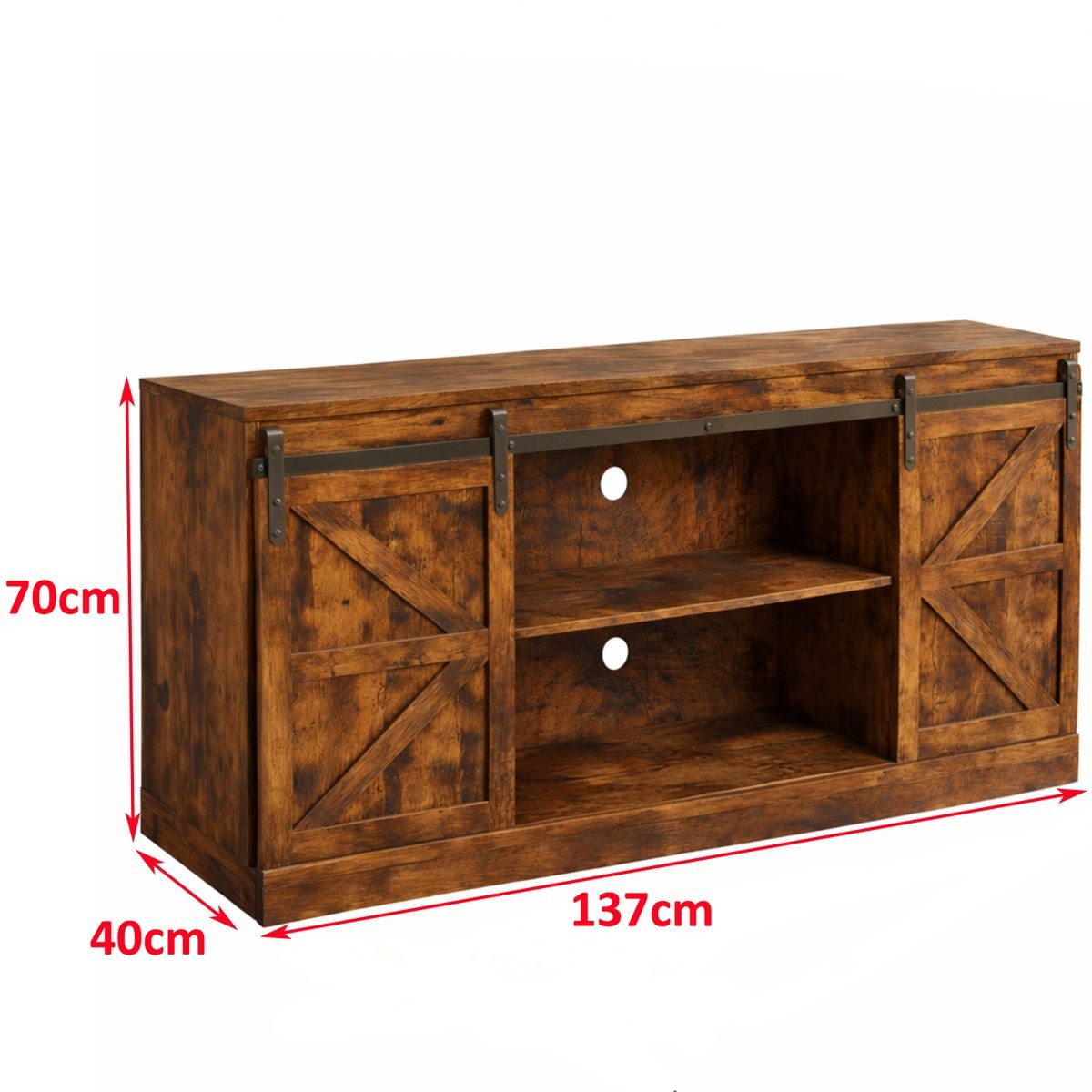 Farmhouse Sliding TV Stand dimensions with rustic design, featuring barn doors and ample storage space.