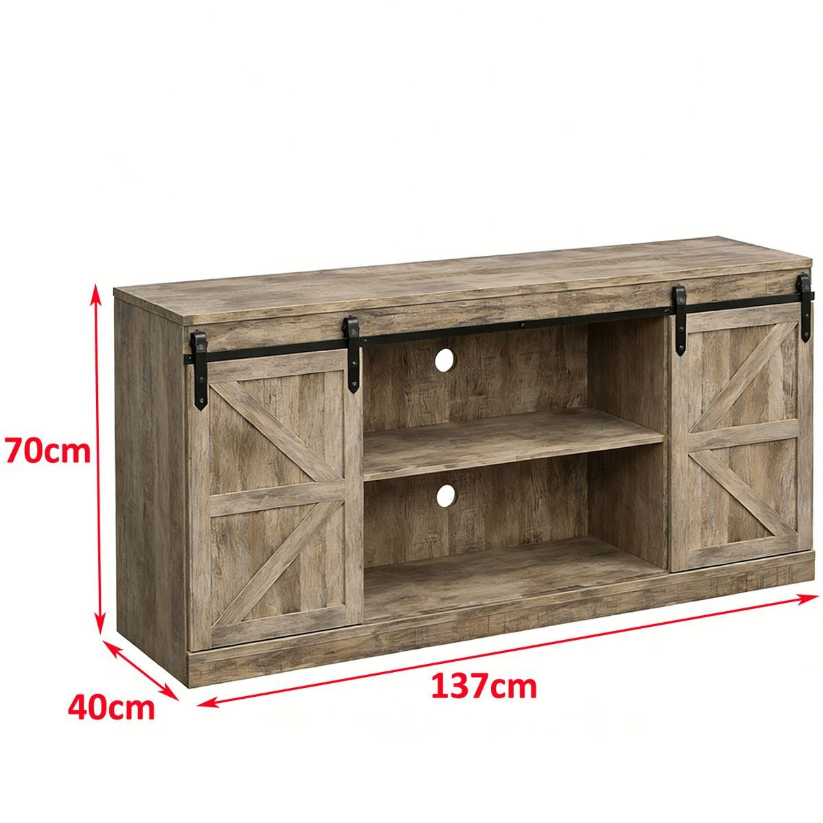 Farmhouse Sliding TV Stand with barn doors, versatile media console, dimensions 137cm x 40cm x 70cm