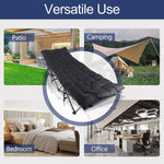 Portable folding camping cot with mattress folded for easy travel
