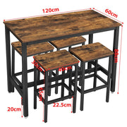 Bar Table and Stools Set showcasing rustic industrial design with dimensions for home bar or kitchen.