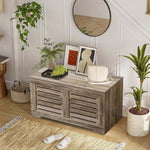 Rustic Storage Trunk Shoe Bench in a bright entryway with plants and decor.