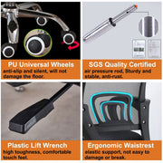 BX002 chair details showing castor wheels, gas lift, adjustment lever and lumbar support
