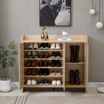 Boho 3-Door Shoe Cabinet showcasing stylish organization for shoes and boots in a modern interior setting.