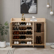 Boho 3-Door Shoe Cabinet showcasing stylish organization for shoes and boots in a modern interior setting.