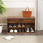 Rustic Shoe Storage Bench with Cushion showcasing padded top and open shelves for shoes in a stylish entryway.