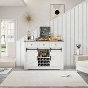 Farmhouse Wine Bar Cabinet styled in a modern living room, featuring white finish and rustic wood top, perfect for storage.