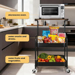 3-Tier Rolling Storage Cart with Wood Top displaying a microwave, snacks, drinks, fruits, and vegetables in a modern kitchen setting.