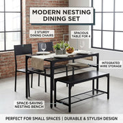 4-piece dining table set with bench featuring two chairs, a spacious table, and integrated storage for compact living.