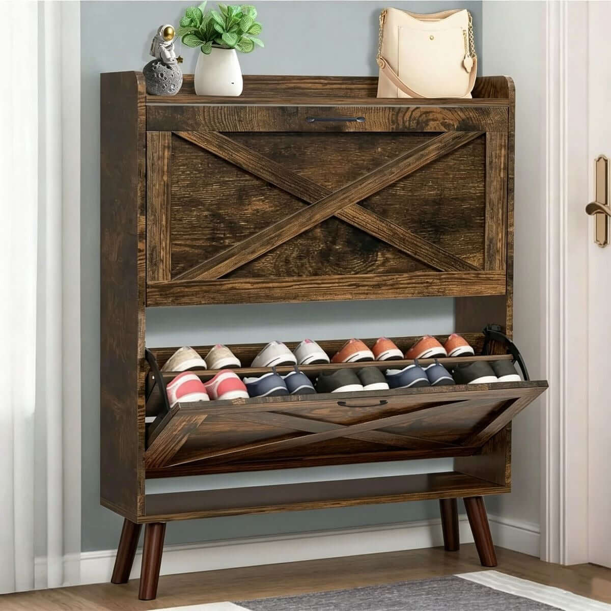 Rustic Tilt-Out Shoe Cabinet with two drawers, showcasing an organized display of footwear in a stylish entryway.