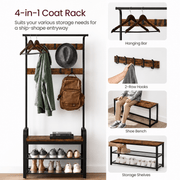Industrial 4-in-1 Hall Tree featuring a coat rack, shoe bench, and storage shelves for an organized entryway.