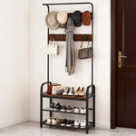 Industrial 4-in-1 Hall Tree with hats, bags, and shoes organized on a stylish black metal frame.