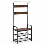 Industrial 4-in-1 Hall Tree & Shoe Bench with removable hooks and rustic wood design.