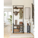 Industrial 4-in-1 Hall Tree showcasing a stylish entryway with coats, boots, and a shoe bench.