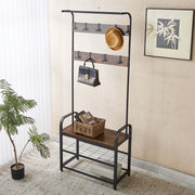 Industrial 4-in-1 Hall Tree with removable hooks and shoe bench for organized entryways.