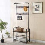 Industrial 4-in-1 Hall Tree with removable hooks and shoe bench in a stylish entryway setting.