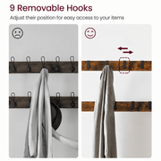 Industrial 4-in-1 Hall Tree features 9 removable hooks for customizable organization and easy access.