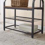 Industrial 4-in-1 Hall Tree showcasing a black metal frame and wooden top with storage baskets and boxes.