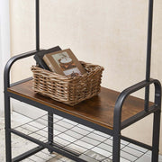 Industrial 4-in-1 Hall Tree featuring rustic wood and metal design with a wicker basket and decorative books on the shelf.