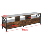 Industrial TV Stand dimensions and features in a rustic style, perfect for a 75-inch TV, showcasing heavy-duty metal and wood.