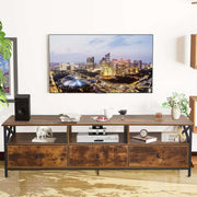 Industrial TV Stand for 75-Inch TV with rustic wood and metal frame in living room setting.