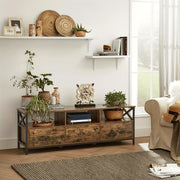 Spacious industrial TV stand with 3 drawers and open shelving