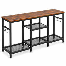 Industrial TV stand console with open storage shelves on white background