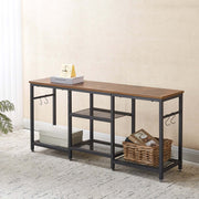 Rustic industrial console table used as hallway display and storage rack