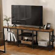 Industrial media console organizing books and plants in stylish living space