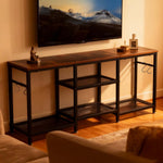 Industrial TV console table with flat screen TV in cozy living room