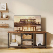 Industrial TV console with wood finish top and metal mesh bottom shelf