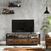 Rustic brown industrial TV stand featuring sturdy metal frame