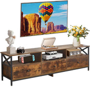 Industrial TV Stand for 75-Inch TV featuring rustic wood and metal design, styled with decor and entertainment devices.