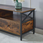 Industrial TV Stand showcasing rustic wood and heavy-duty metal frame, perfect for 75-inch TVs in modern living rooms.