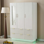 Bedroom Wardrobe featuring 3 doors, light beige finish, LED mirror, and elegant gold handles.