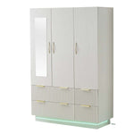 Bedroom Wardrobe 3-door light beige with LED mirror and elegant gold handles, perfect for modern storage solutions.