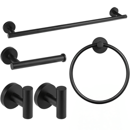 Matte Black Bathroom Towel Rack Set – 5 Piece includes towel bar, towel ring, toilet paper holder, and robe hooks.