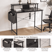 Modern computer desk featuring power outlets, side storage bag, and ergonomic raised monitor shelf for optimal workspace.