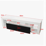 Modern Floating LED TV Stand dimensions with high-gloss finish, featuring two drawers and open shelves for storage.