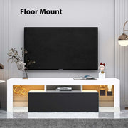 Modern Floating LED TV Stand showcased with floor mount setup in a stylish living room with decorative accents.