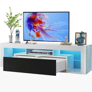 Modern Floating LED TV Stand featuring a sleek design with ambient lighting and decorative accents.