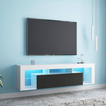 Modern Floating LED TV Stand showcasing a sleek design against a blue wall, featuring LED lighting and a minimalist style.