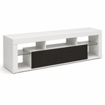 Modern Floating LED TV Stand in sleek white and black design with glass shelves, ideal for minimalist living spaces.
