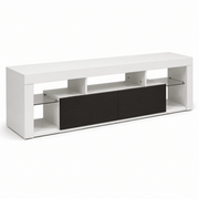 Modern Floating LED TV Stand in sleek white and black design with glass shelves, ideal for minimalist living spaces.