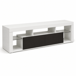 Modern Floating LED TV Stand in sleek white and black design with glass shelves, ideal for minimalist living spaces.