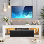 Modern Floating LED TV Stand elegantly displays a television in a stylish living room, featuring a sleek white console with ambient lighting.