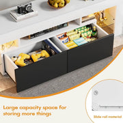Modern Floating LED TV Stand with large capacity drawers for storing items, including video games and snacks.