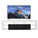 Modern Floating LED TV Stand showcasing a sleek design with a large TV and contrasting black and white finish.