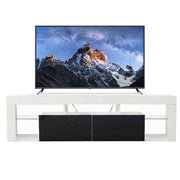 Modern Floating LED TV Stand showcasing a sleek design with a large TV and contrasting black and white finish.